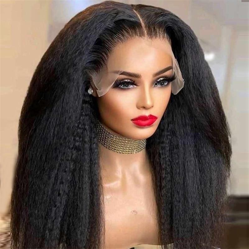 Preplucked Soft Glueless 26 Inch Long 180% Density Kinky Straight Lace Front Wig For Women Babyhair Natural Black Daily Cosplay