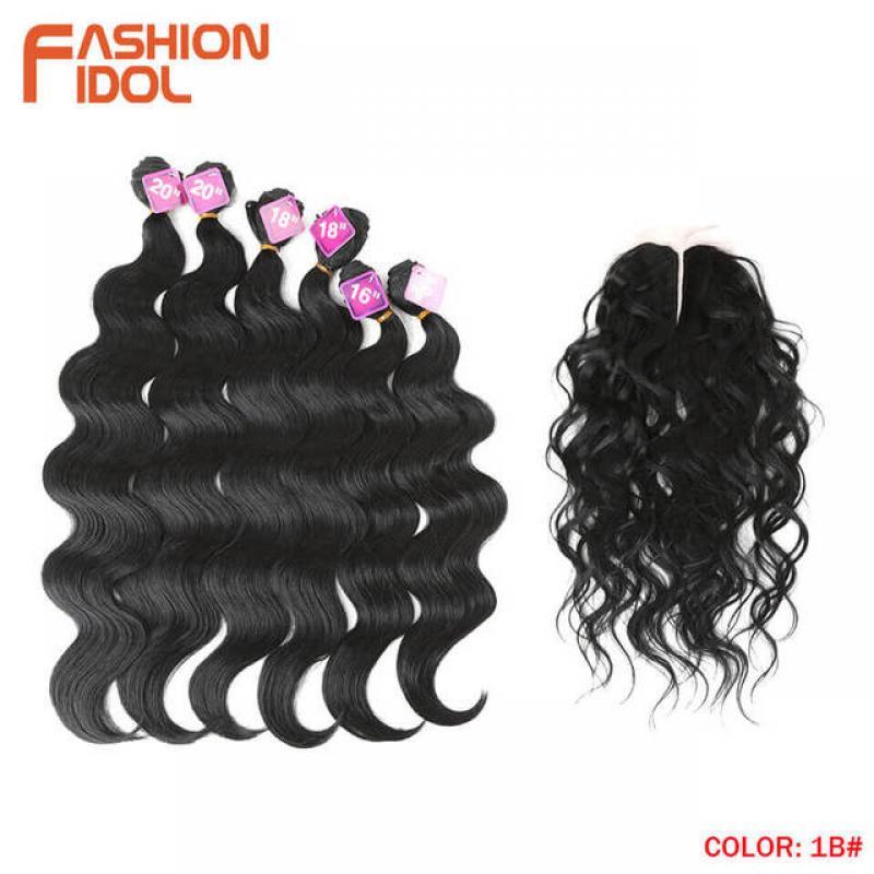 FASHION IDOL Body Wave Curl Hair 16-20 inch 7Pieces/lot 240g Synthetic Hair Bundles With Closure Middle Part Lace Closure Fiber