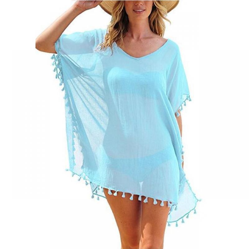 2023 Chiffon Tassels Beach Wear Women Swimsuit Cover Up Swimwear Bathing Suits Summer Mini Dress Loose Solid Pareo Cover Ups