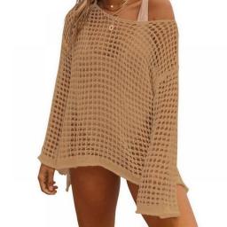 Fitshinling Bohemian Knitted Bikini Cover Up Swimwear Hollow Out Sexy Hot Tops Long Sleeve Holiday Solid Beach Outputs New In