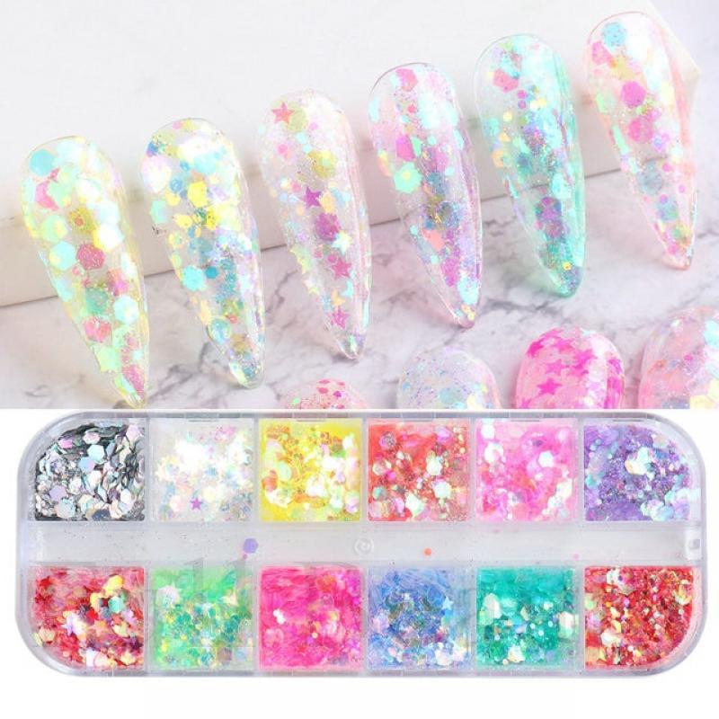 Mirror Iridescent Nail Art Sequins Holographic Mixed Hexagon Chunky Nail Glitter  Powder Flakes Sparkly Spangles Manicure LAGB