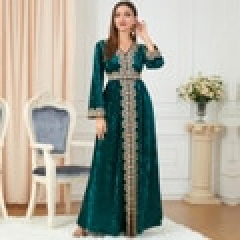 Abayas For Women Floral Embroidery Moroccan Caftan Belt Long Sleeve Luxury Velvet Split Hem Slim A-Line Party Dresses