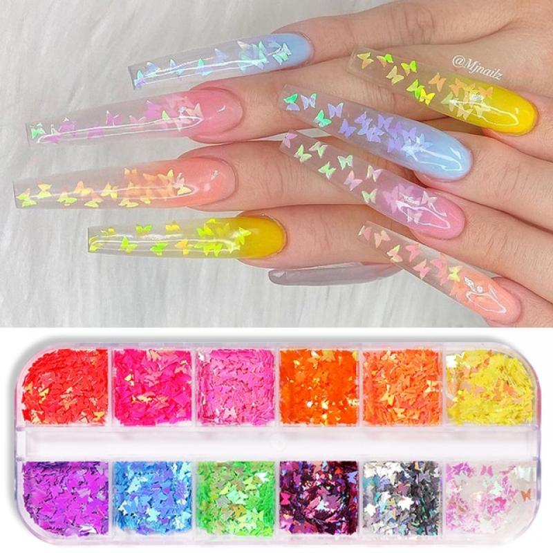 Mirror Sparkly Butterfly Nail Sequins Paillette Mixed Colors Nail iridescent Glitter 3D Flakes Slices Spangle Art Accessories