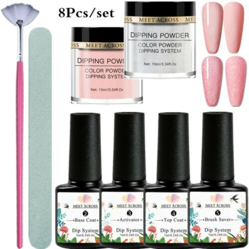 MEET ACROSS 8/16PCS  Dip Powder Nail Kit Pastel Glitter Dipping Powder Starter Set for French Nails Art Decorations Manicure