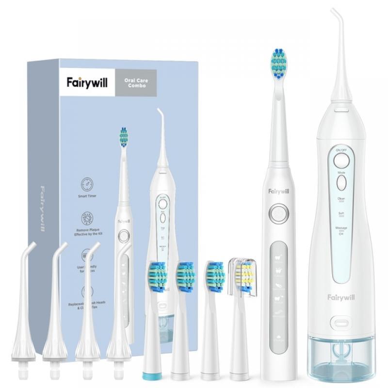 Fairywill Water Dental Flosser Teeth Portable Cordless USB Oral Irrigator Cleaner IPX7 Waterproof Electric Toothbrush Set Home