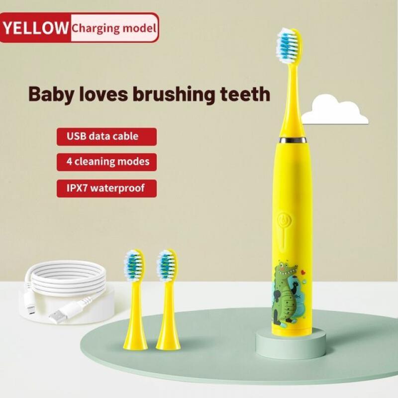 Children's Electric Toothbrush Colorful Cartoon With Replacement Heads Ultrasonic Rechargeable Soft Hair Cleaning Brush for Kids