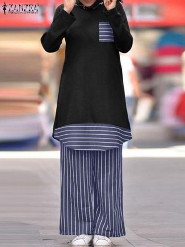 ZANZEA Vinatge Fashion Muslim Sets Long Sleeve Blouse Wide Leg Pants Stripe Printed Elegant Outifits Ramadan Abayas for Women