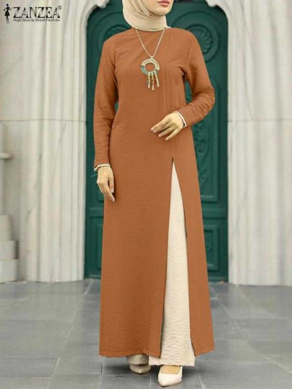 ZANZEA Women Fashion Muslim Blouse High Slit Hem Solid O-Neck Blusa Elegant Casual Tops Islamic Clothing Abaya Hijab Shirt 2023