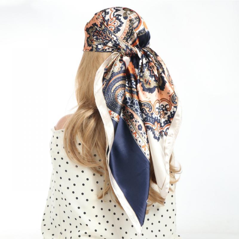 Solid Color Head Scarf Blcak Square 90*90 Silk Foulard Satin Bandana Cheveux Neckerchief Hijab Accessoires For Woman Hair Scarf