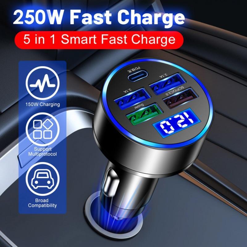 250W 4 Ports USB Car Charger Fast Charging PD Quick Charge 3.1 USB C Car Phone Charger Adapter For iPhone 14 Pro Samsung