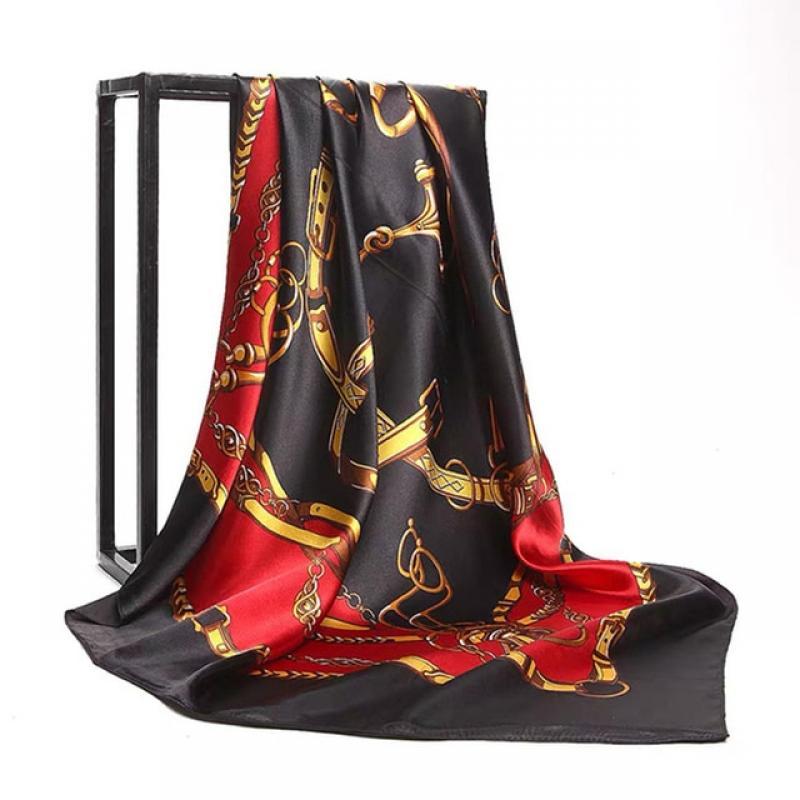 Luxury Brand Square Silk Scarf Women Satin Print Hijab Scarves Muslim Pareo Bandana Female Shawl Wrap Headband Foulard 90*90cm