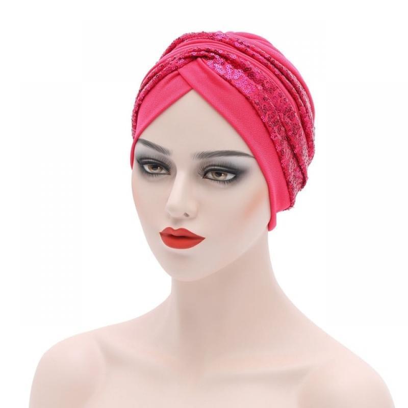 Fashion Sequins Muslim Hijabs Headscarf Bonnet Twisted Turban Cap for Lady Handmade African Headtie Soild Color Women Head Wraps