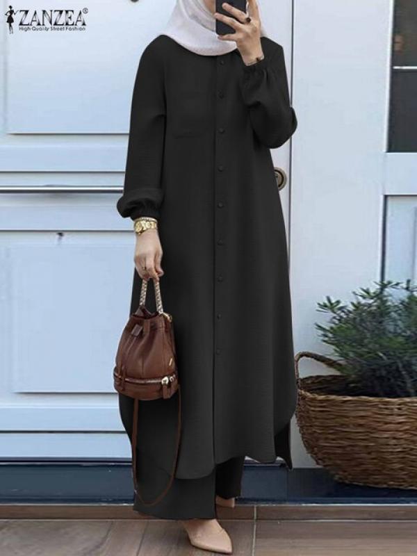 Casual Dubai Turkey Abaya Sets ZANZEA Fashion 2pcs Women Muslim Sets Spring Long Sleeve Shirt Pants Suits Eid Mubarek Outifits