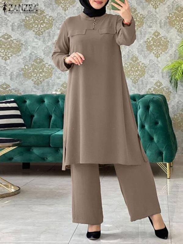 ZANZEA 2PCS Elegant Women Muslim Matching Suits Fashion Wide Leg Pants Sets Turkey Abaya Hijab Islamic Clothing Dubai Tracksuit