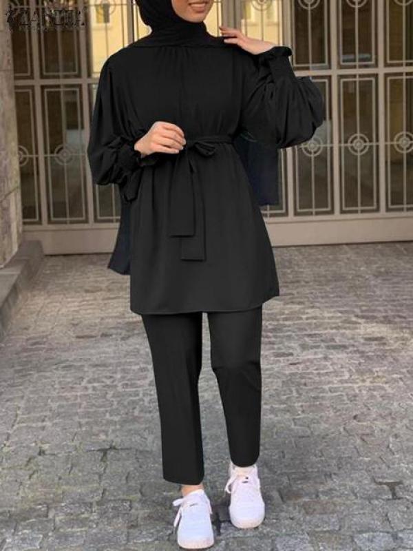 ZANZEA 2PCS Women Long Sleeve Blouse Pants Sets Elegant Casual Dubai Outfits Islamic Clothes Solid Urban Tracksuit Muslim Sets
