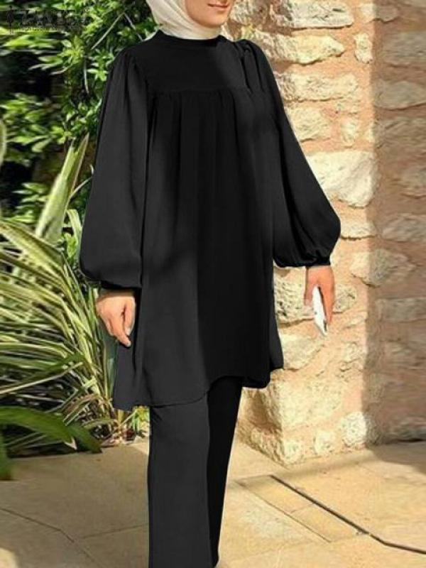 ZANZEA 2PCS Muslim Women Long Sleeve Blouse Pants Suits Eid Mubarek Fashion Islamic Clothing Sets Dubai Turkey Matching Sets