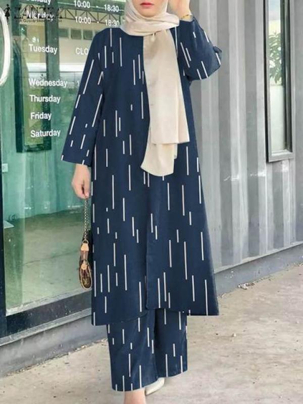 Vintage Printed Trouser Suits ZANZEA Fashion Women Muslim Sets Two Piece Sets Summer Outifits Dubai Turkey Abaya Hijab Tracksuit