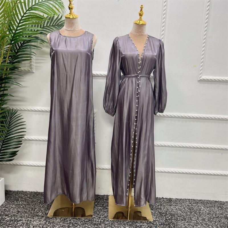 Muslim Sets Bubble Sleeve Beaded Abayas for Women and Sleeveless Dress with Two-piece Islam Ramadan Abaya Inside