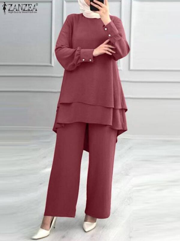 ZANZEA Fashion Women Dubai Turkey Hijab Suits 2PCS Abaya Muslim Sets Autumn Long Sleeve Blouse Trousers Suit Solid Outifits 2023