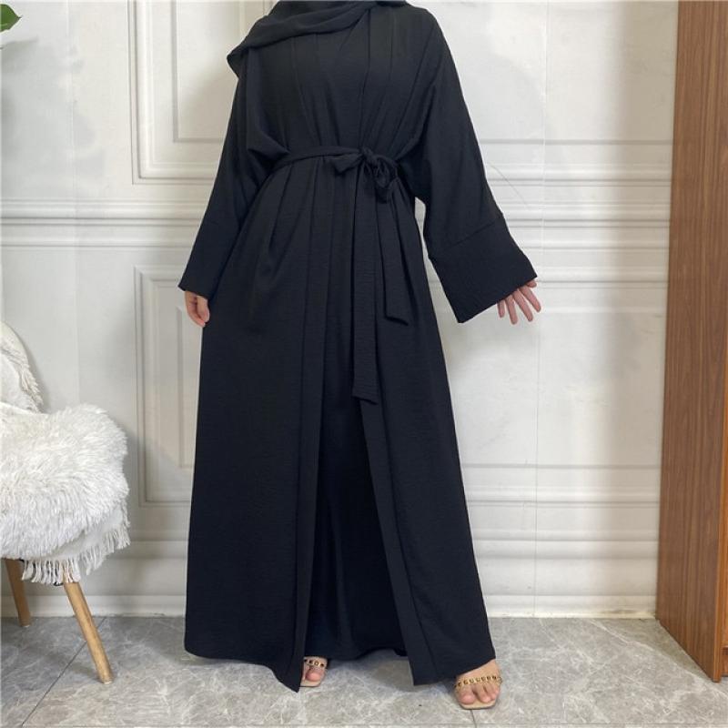 Autumn Winter Muslim Woman Set Minimalist Matching Outfits Abaya Kimono&Sleeveless Dress Dubai Turkish Modesty Casual Ramadan
