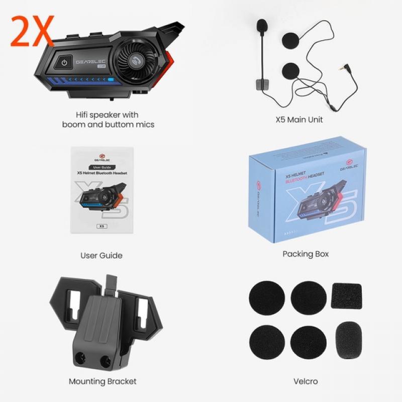 GEARELEC X5 Motorcycle Helmet Headset Hands Voice Control Roise Reduction BT5.2 Waterproof FM Radio Warning Light