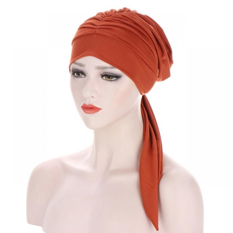 Muslim Women Stretch Solid Wrinkle Turban Hat Cancer Chemo Beanies Caps Pre-Tied Scarf Headwear Headwrap Plated Hair Accessories