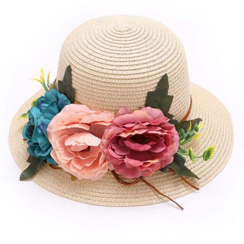 Women Flowers Straw Hat Outdoor Sun Sunscreen Collapsible Beach Hat MZ015