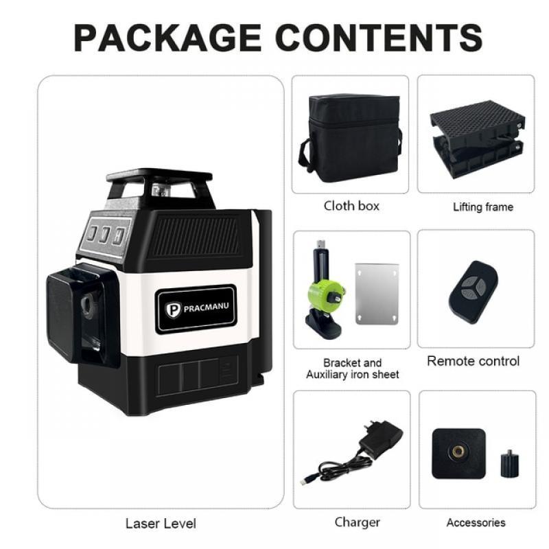 Pracmanu Mini Laser Level 12 Lines 3D level Self-Leveling 360° Horizontal and Vertical Cross Green Laser Beam Lines