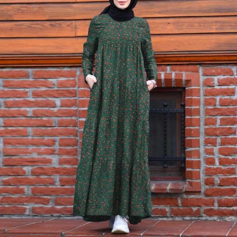 Muslim Abayat Fashion Print Spring and Autumn Abayas for Women Cotton Linen Long Vintage Dress Dubai Abaya Kaftan Islam