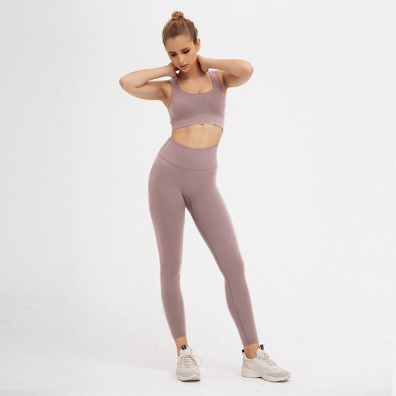 2 Piece Sets Womens Ribbed Yoga Sets Fitness Bra and Seamless High Waisted Sports Leggings Workout Clothes for Women