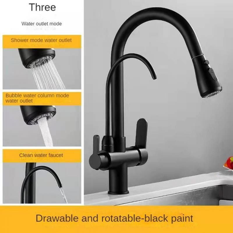 Matte Black Pure Water Kitchen Faucet Dual Handle Hot and Cold Drinking Water Pull Out  Kitchen Mixer Taps