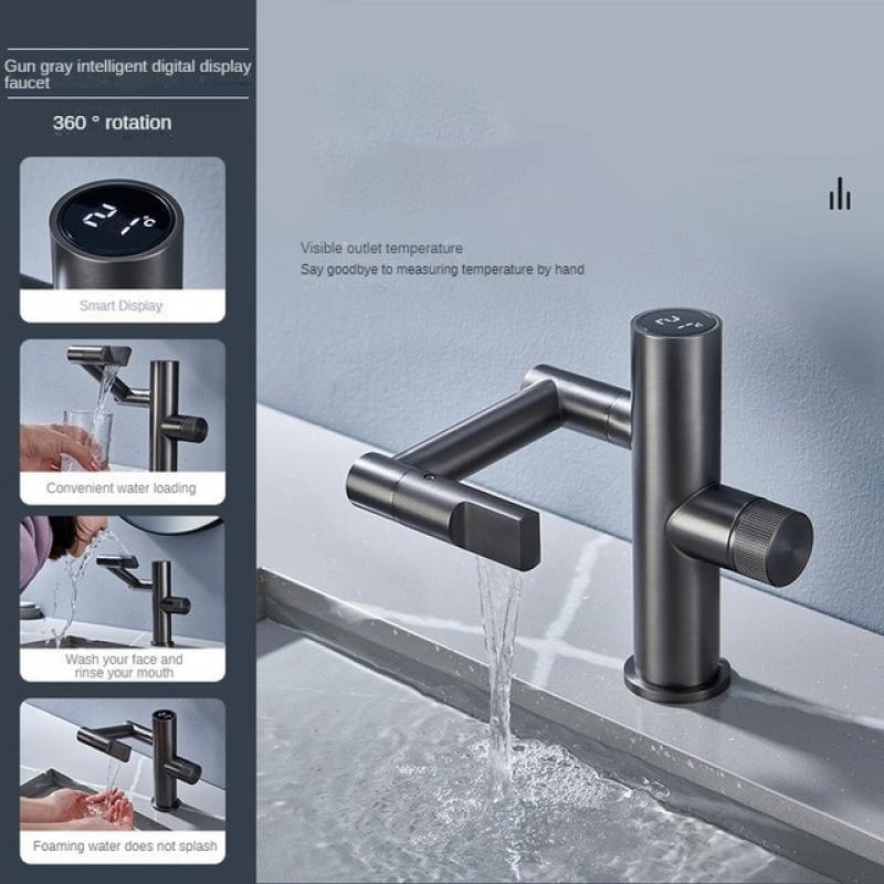 Digital Display All Copper Cold and Hot Faucet Bathroom Kitchen Can Rotate The Faucet Washing Hair Washing Face Gargling Faucet