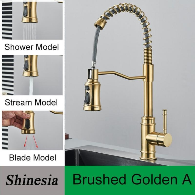 Shinesia Brushed Golden Kitchen Faucets Brass Faucets for Kitchen Sink Single Lever Pull Out Spring Mixer Tap Hot Cold Water