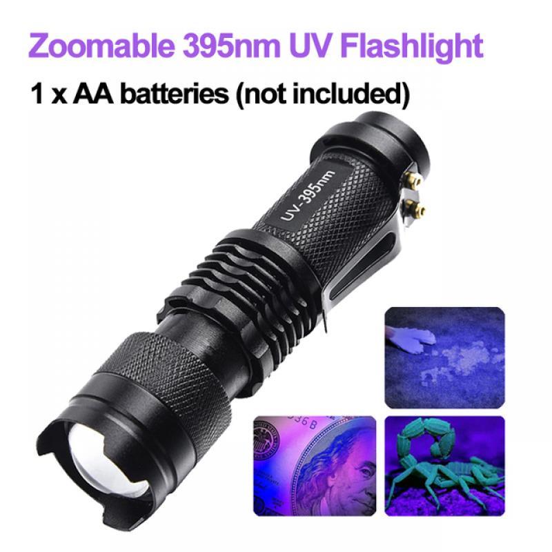 LED UV Flashlight 365/395nm Portable Mini Ultraviolet Torch Waterproof Zoomable Violet Light Pet Urine Scorpion Detector UV Lamp