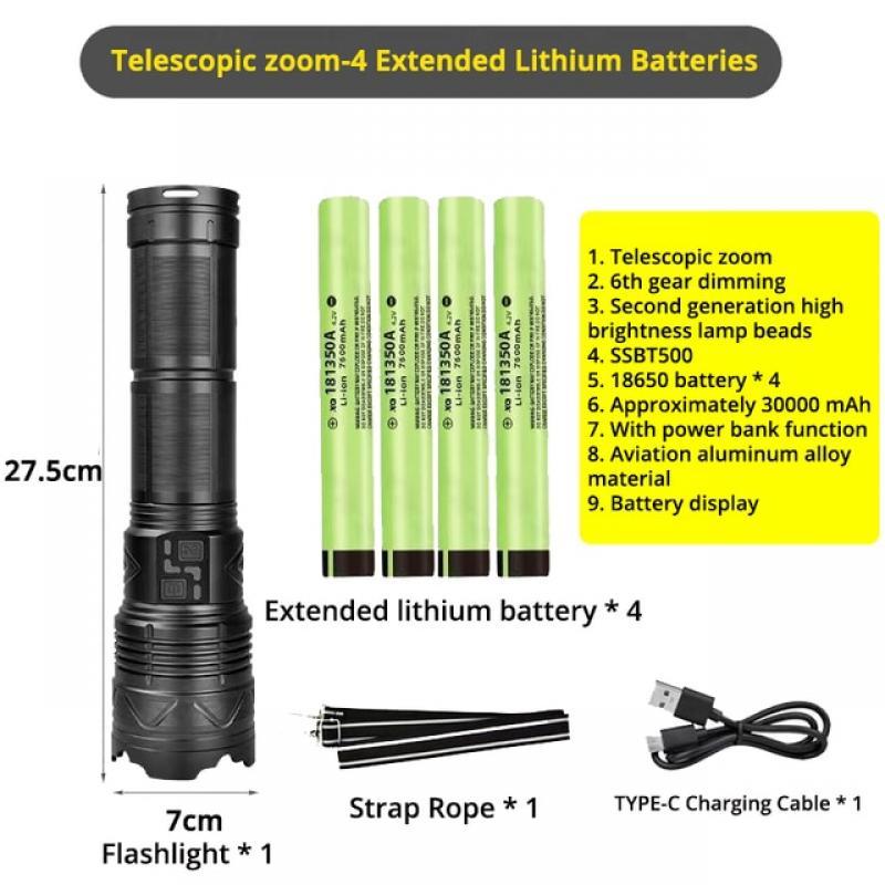 30000W LED Flashlights High-power USB Lanterna Xenon Lamp Zoom Waterproof Long-range 9KM Aluminum Output/Input Torch 30000mAH