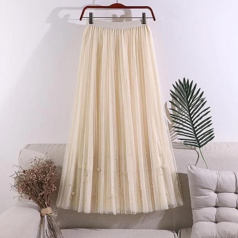 Korean Style Fashion Maxi Long Tulle Skirt Women High Waist Summer Autumn Vintage Harajuku Pink Elastic Waist Pleated Tutu Skirt