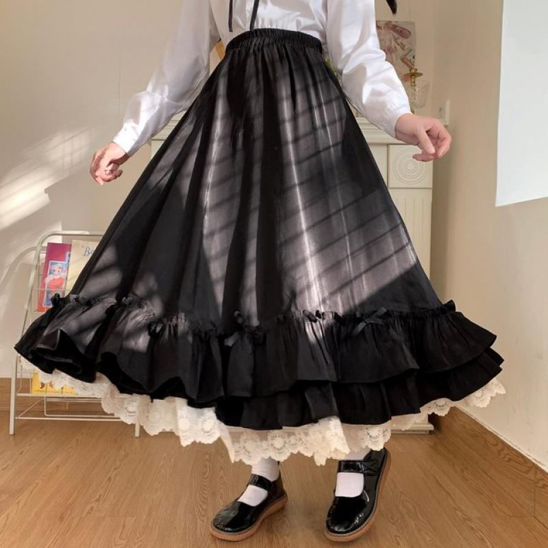 2022 New Japanese Solid Color Double Layer Vintage French Ruffled A-line Skirt Hepburn Style Black Half Skirt Female Long Skirt