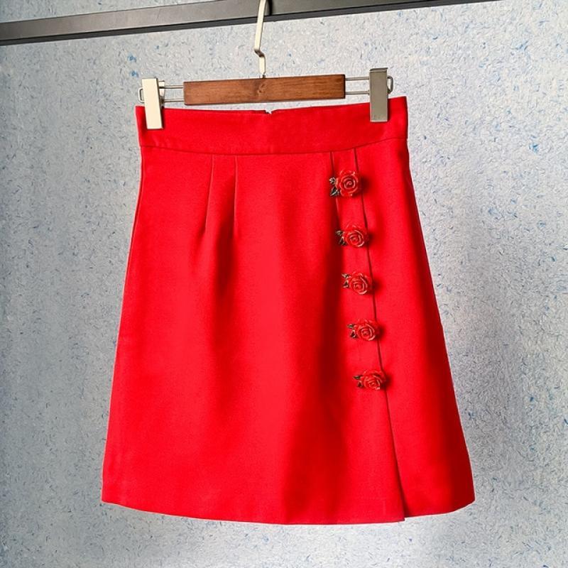 2023 Spring New Red High Waist Split A-Line Party Skirts Women Temperament Three-Dimensional Rose Button Decoration Hip Skirts