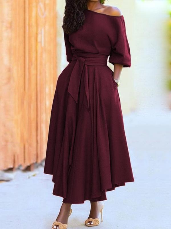 Spring Summer Elegant Sloping Shoulder Solid Color Long Dress Half Sleeve With Waistband Regular Women Casual Style Slim Dress