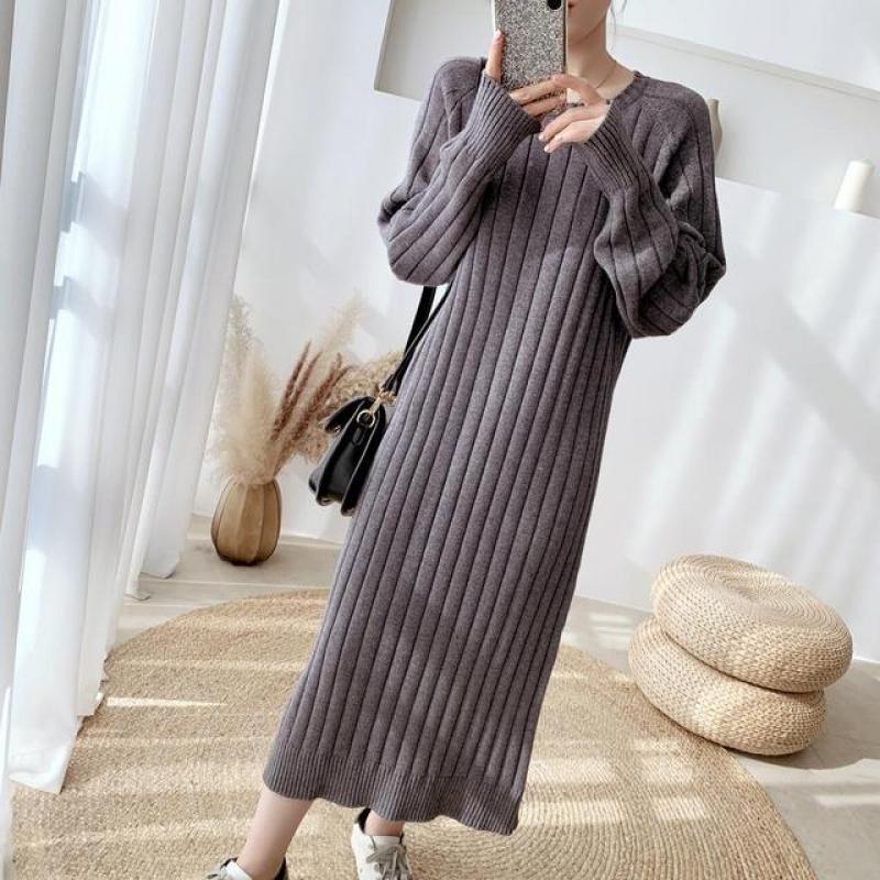 Solid Elegant Round Collar Straight Striped Dress Women Fashion Party Knit Sweater Long Dresses Autumn Clothes Robe Simplicity