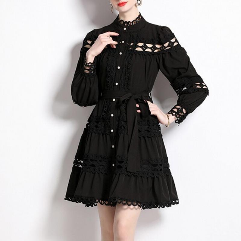 Yitimuceng Stand Collar Dress for Women 2023 Fashion Vintage Long Sleeve Mini Dress Elegant High Waisted Hollow Out Black Dress