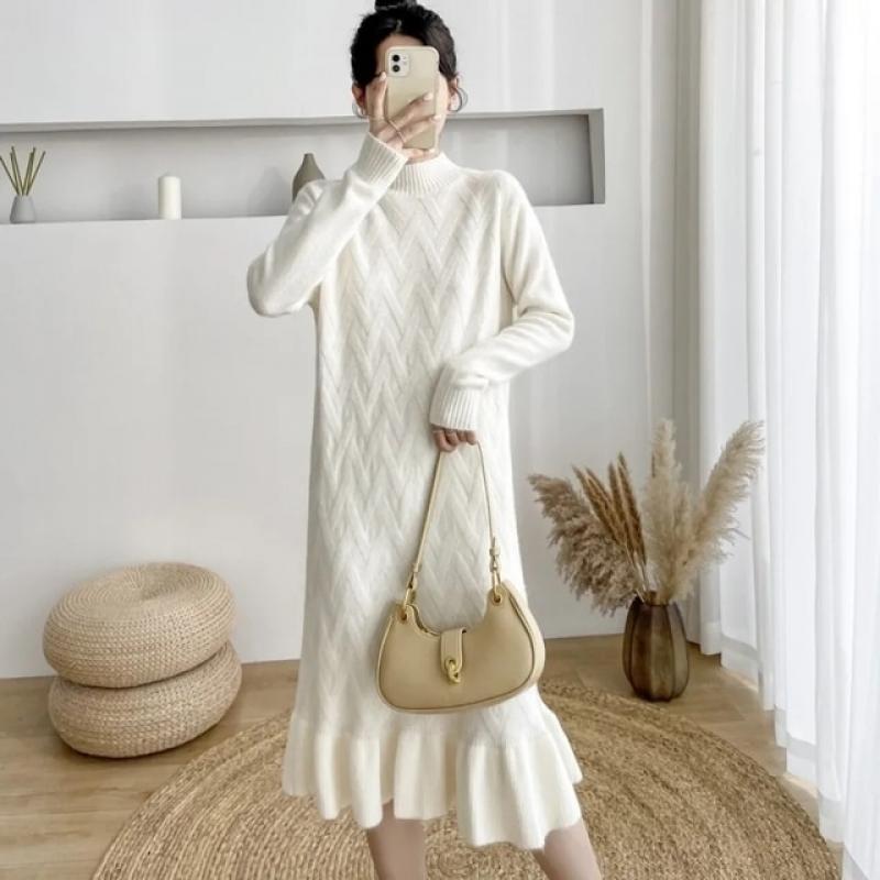 Loose Thick Half Turtleneck Knitted Dress Winter Warm Ruffles Sweater Dresses Bottoming Midi Vestidos Mujer Casual Knitwear Robe