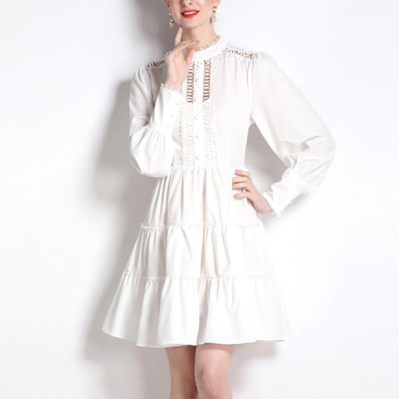 Yitimuceng Stand Collar Dress for Women 2023 New Fairycore Lantern Sleeve Mini Dress Elegant High Waisted Hollow Out White Dress
