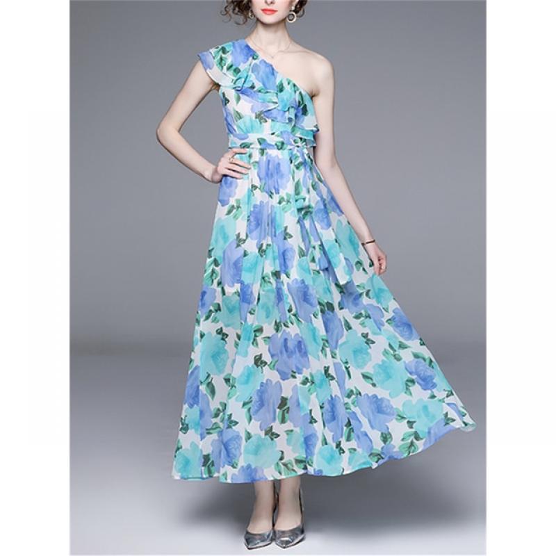 Yitimuceng One Shoulder Dress for Women 2023 New Fashion Sleeveless Vintage Printing Dress High Waist Ruffle Elegant Slim Dress