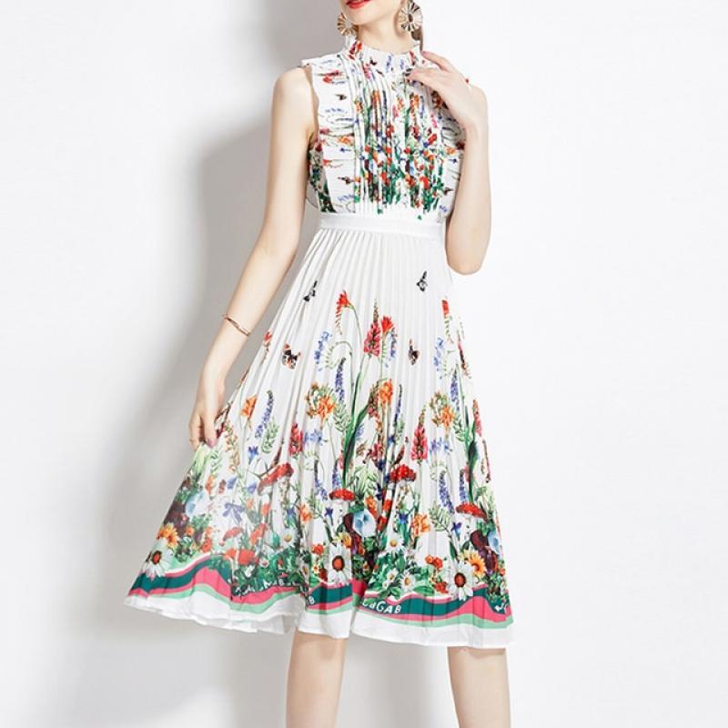 Yitimuceng Print Midi Dress for Women 2023 New Fashion Vintage Sleeveless Summer Dress Chic Casual Stand Collar Folds Dresses