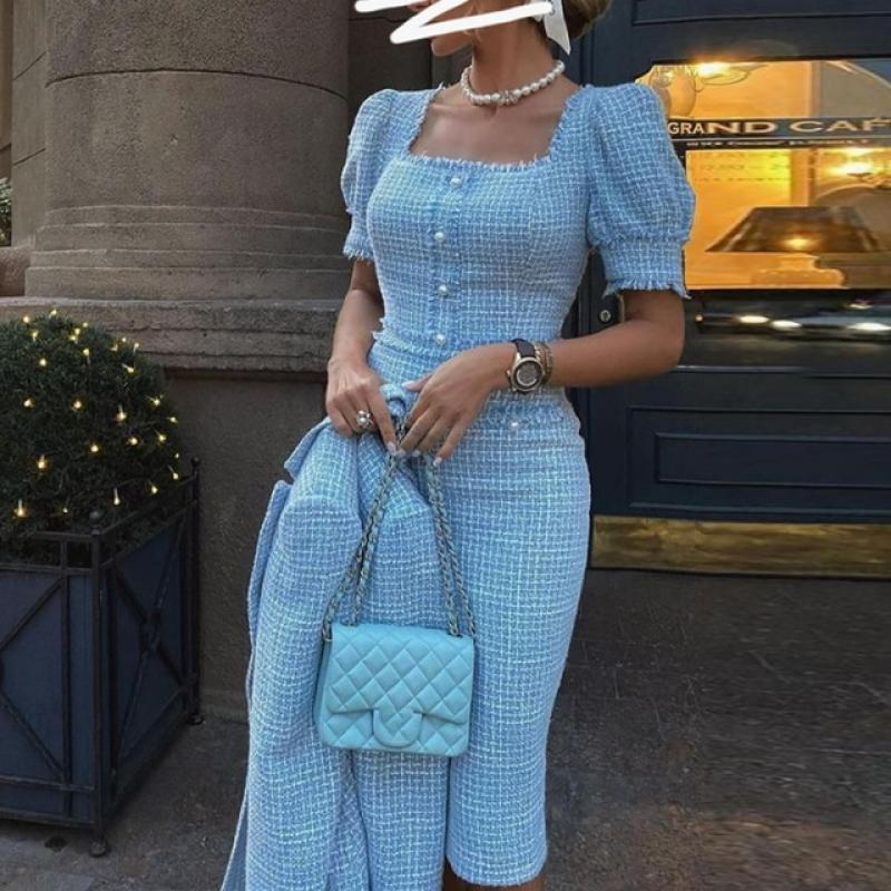 Light Blue tweed dress Short sleeve 2023 spring / autumn women's dress  tassel ladies slim bottoming dress one-piece