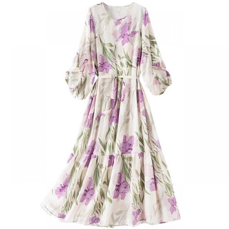 Birdtree 100%Mulberry Silk 2023 Summer Mid Length Dress Loose Swing Elegant Waist Wrapped Women's Fashion Cake Dress D37732QC
