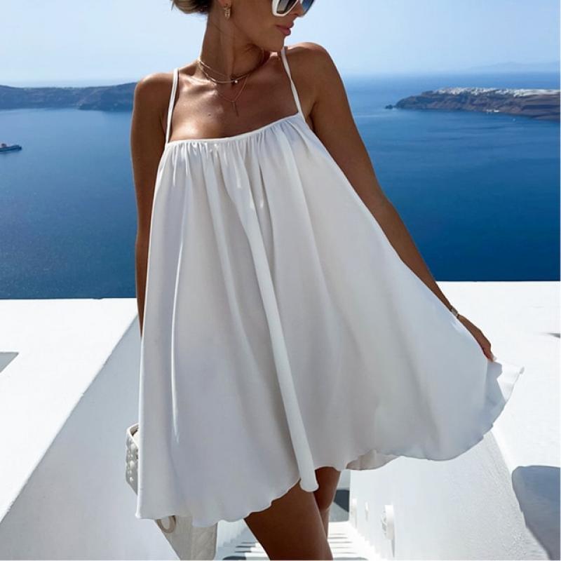 Beach Mini Dress Sexy Spaghetti Sleeveless Loose Short  Dress Sundress Strappy Dress Sewing Ruffle O-neck Suspended Dress