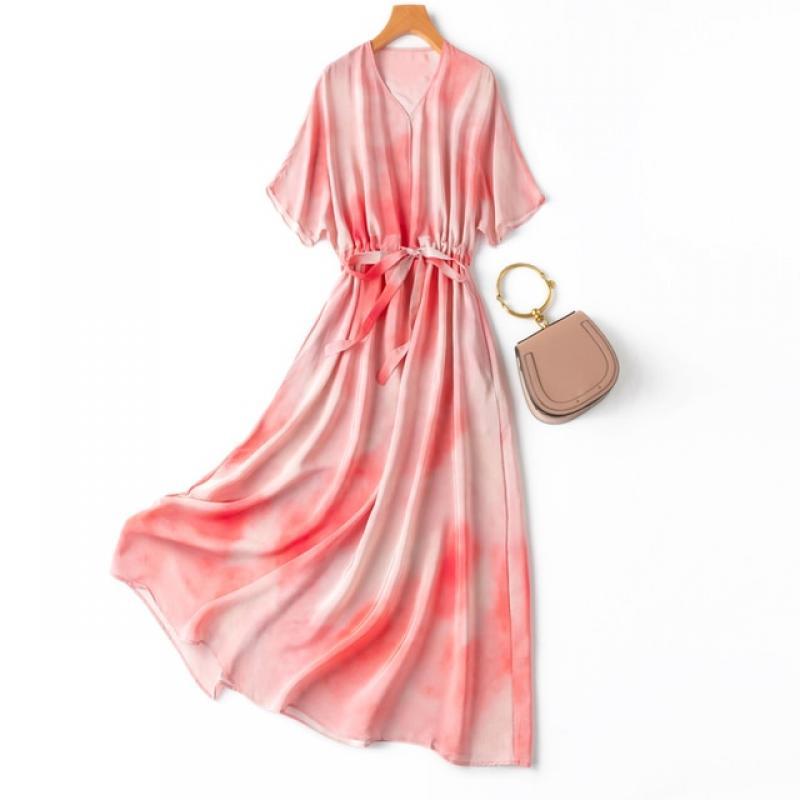 Birdtree 100%Mulbery Crepe Silk Women Midi Dress Pink Printed V Neck Short Sleeve Belted Waist Long Dress Summer New T37763QM