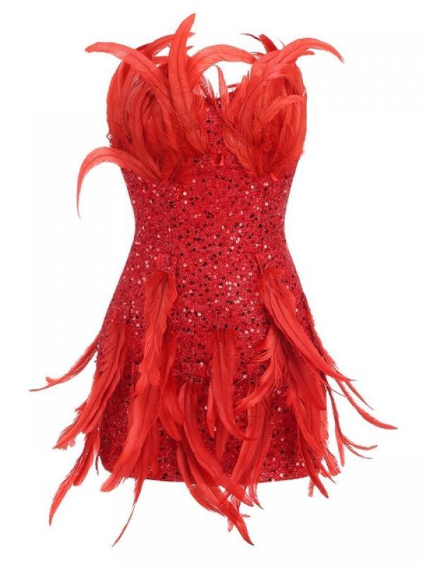 Strapless Sequin Feather Mini Dress Sexy Red Feather Glitter Bodycon Custome Elegant Evening Singer Party Club Cocktail Wear